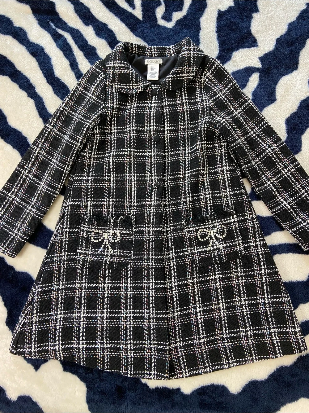 Rachel Zoe Girls Black White Plaid Tweed Bouclé Coat Metallic Peter Pan Collar